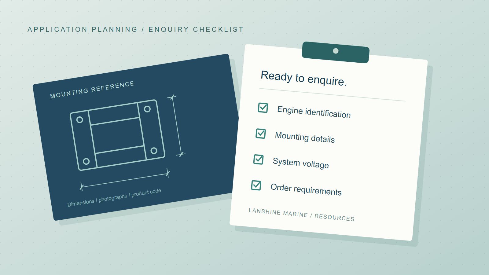 Illustrated enquiry checklist with engine identification, mounting details, system voltage and order requirements